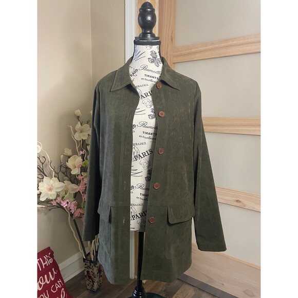 Jessica Holbrook Woman Jacket, Green Suede Feel Long Sleeve Button up Small - Picture 2 of 10